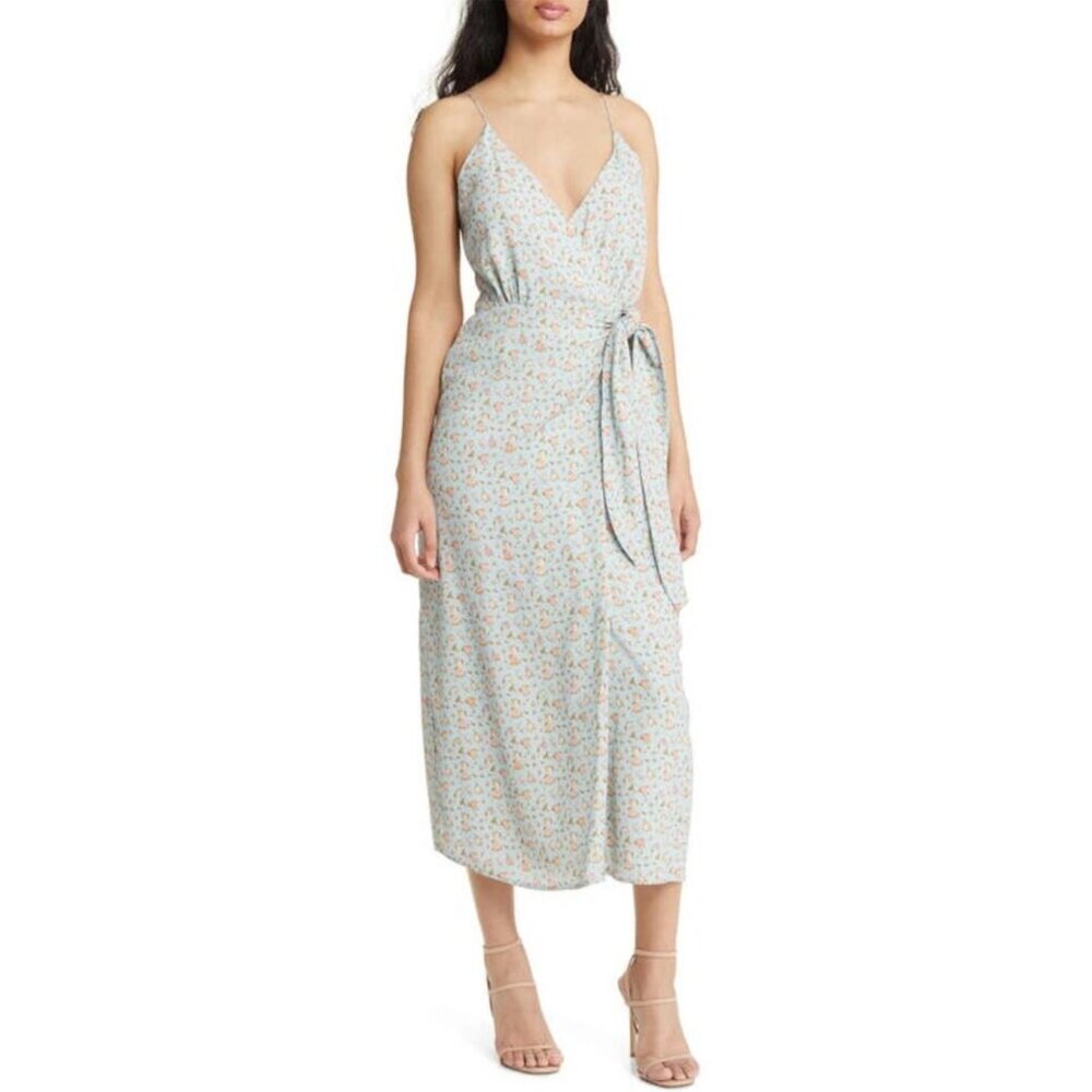 WAYF Women’s NEW Electric Floral Wrap Midi Dress "Blue Ditsy" | Size XS